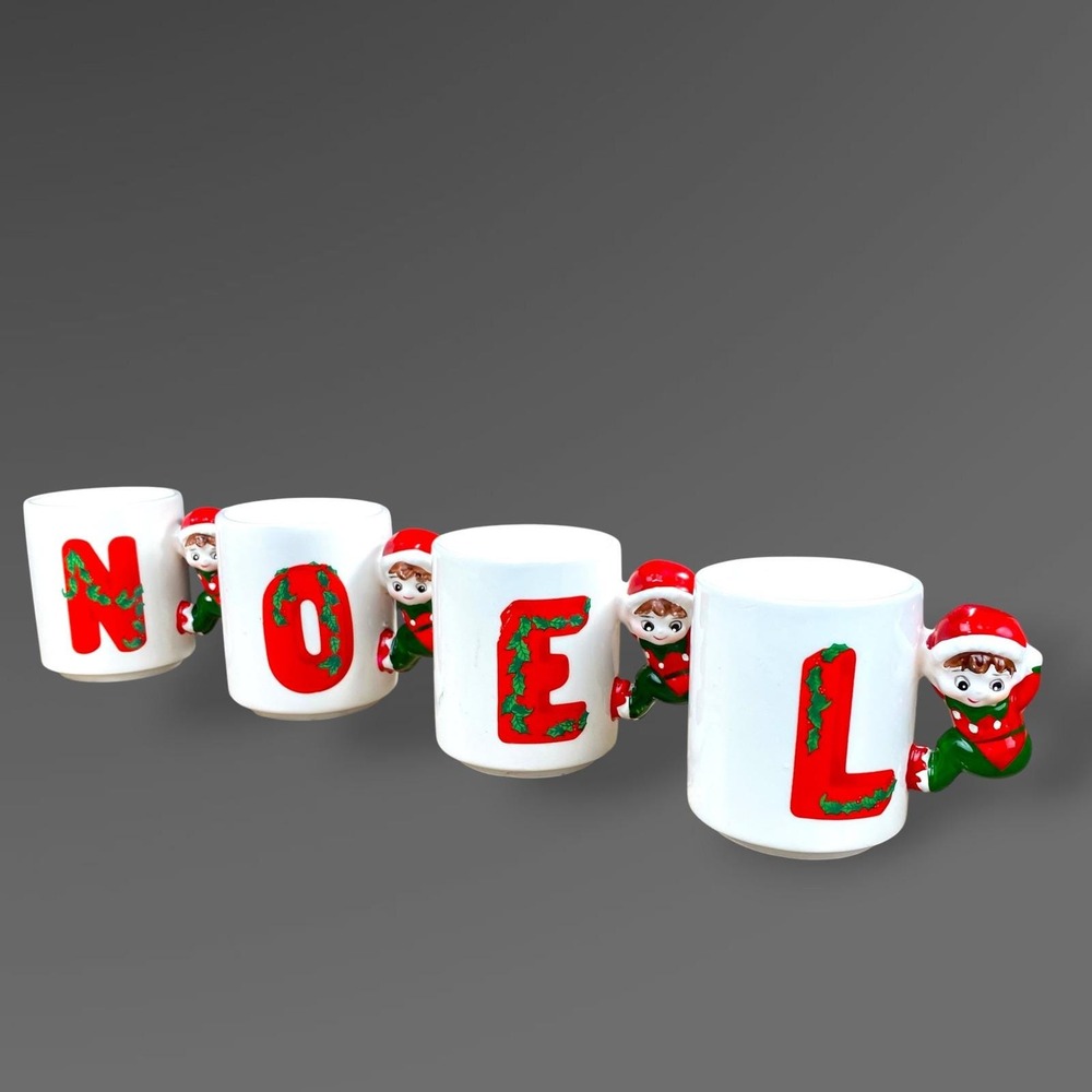 Christmas Around the World NOEL Stacking Mugs Set of 4 Elf Handles 1987